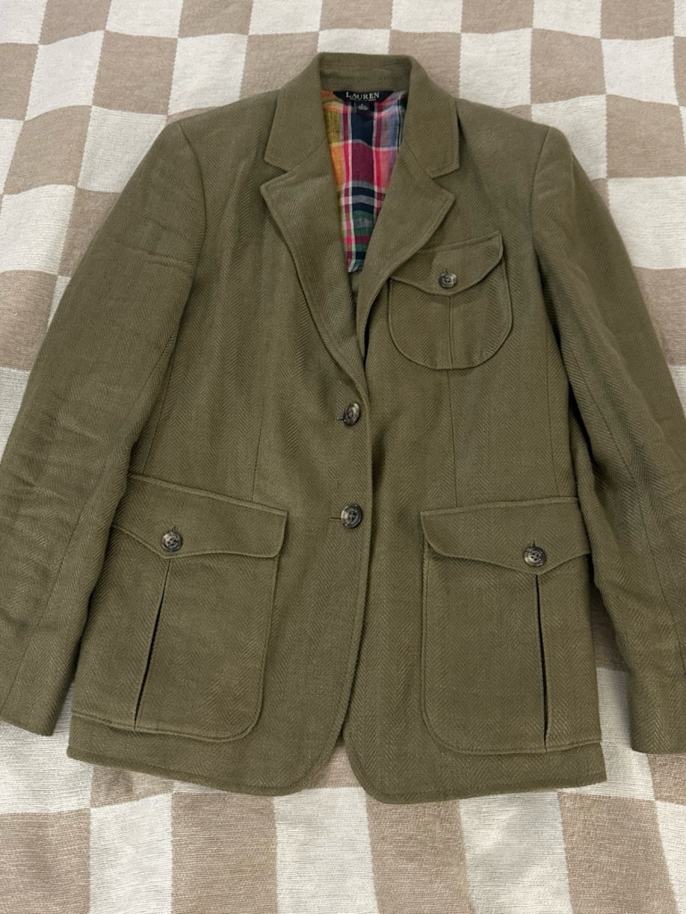 Lauren Ralph Lauren Olive Herringbone Tailored Blazer